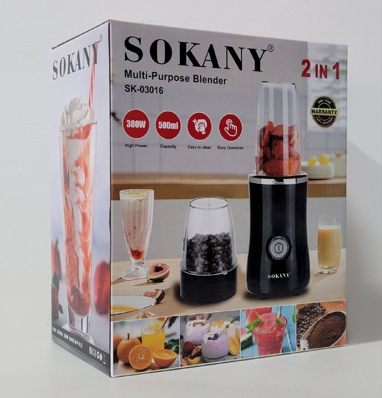 MAQUINA LICUADORA MULTIUSOS 2 EN 1, 380W SK-03016 SOKANY 500ML