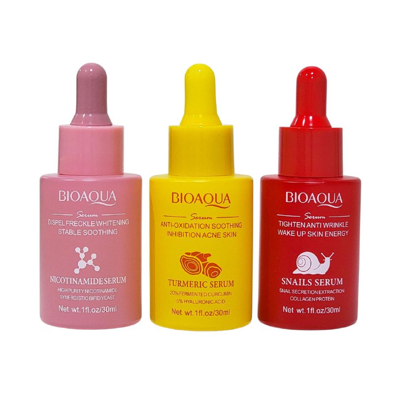SUERO FACIAL EN SET QUE COMBINA TRES SERUMS PODEROSOS PARA BLANQUEAR, ANTIOXIDAR Y REJUVENECER LA PIEL 30MLX3, SUERO DE CARACOL HIDRATANTE 30ML, SUERO DE CURCUMA ANTI ACNE 30ML Y SUERO DE NICOTINAMIDA BLANQUEADOR 30ML