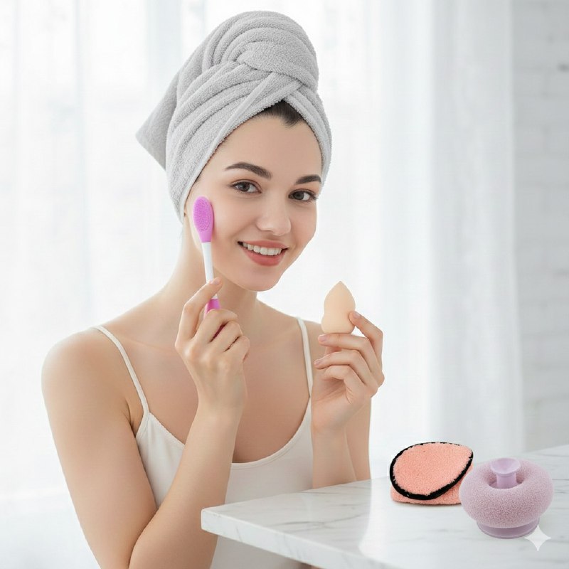 KIT DE CUIDADO FACIAL, TOALLA PARA EL PELO, ESPONJA DE MAQUILLAJE, CEPILLO DE SILICONA FACIAL, ALMOHADILLA DESMAQUILLANTE, ESPONJA EXFOLIANTE SWEET BEAUTY, 5 COLORES