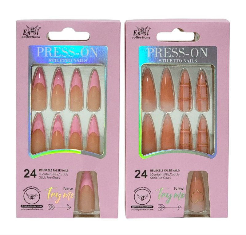 UÑAS PRESS ON, POSTIZAS REUTILIZABLES EN SET DE 24 UÑAS, LIMA, PAILLO PARA CUTICULA Y PEGAMENTO ENGOL COLLECTIONS