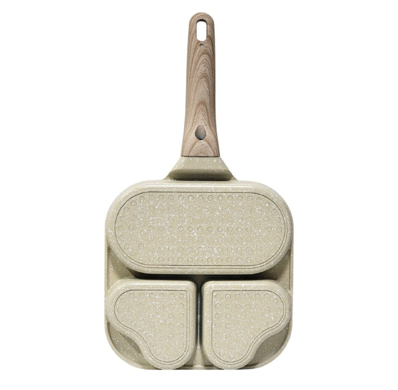 SARTEN MULTIFUNCIONAL CON MANGO DE MADERA, DISEÑADO PARA PREPARAR EL DESAYUNO PERFECTO RAPIDAMENTE, SU DISEÑO DIVIDIDO PERMITE COCINAR DIFERENTE ALIMENTOS AL MISMO TIEMPO SIN MEZCLAR SABORES SINMORE
