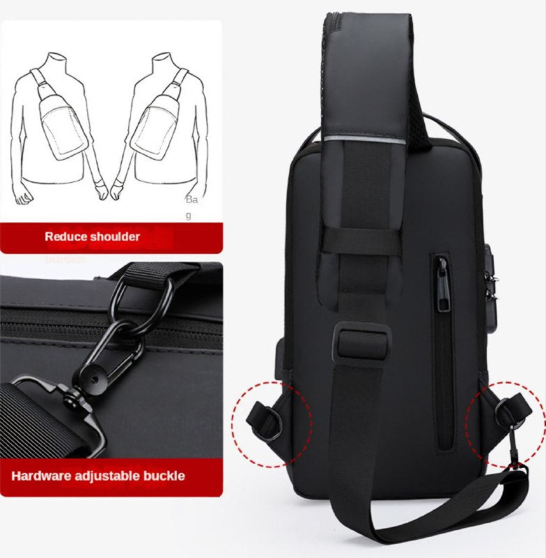 MOCHILA ECONOMICA CRUZADA IMPERMEABLE PARA HOMBRES CON PUERTO USB Y SISTEMA ANTIRROBO CLAVE