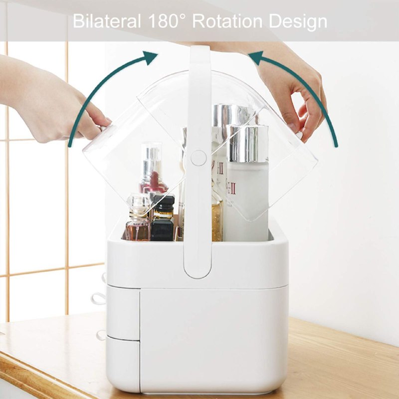 ORGANIZADOR ESTANTE DE COSMETICOS, MAQUILLAJE CAJA DE ALMACENAMIENTO CON CUBIERTA LIBRE DE POLVO, MANGO, PORTATIL, TAPA IMPERMEABLE COLOR BLANCO