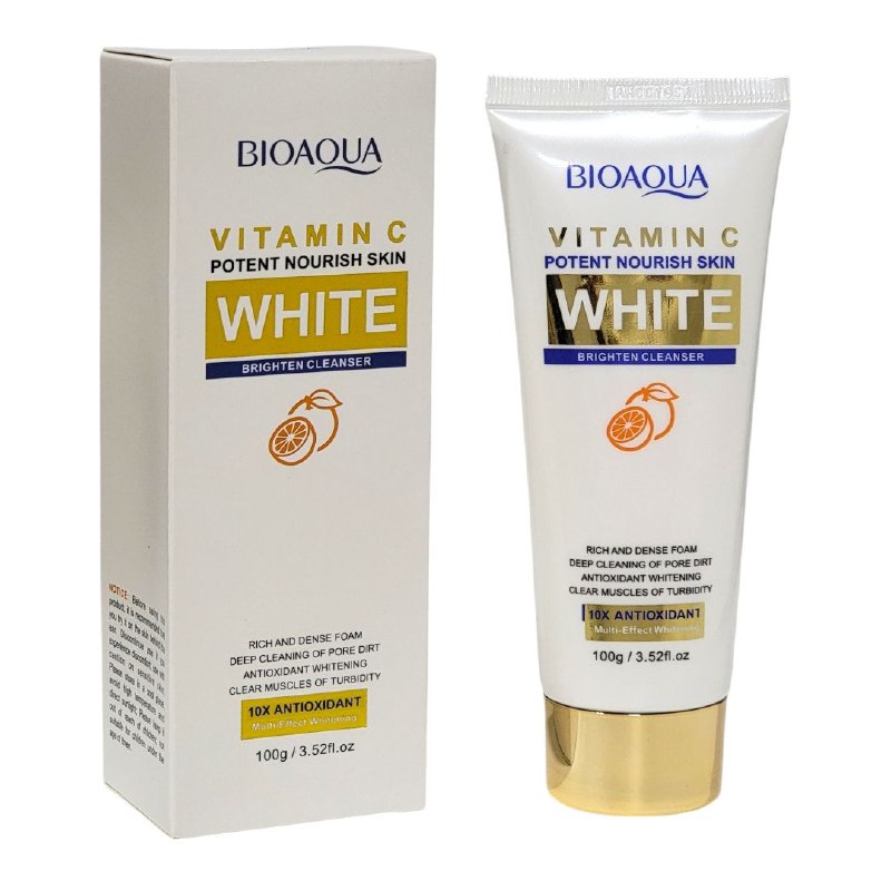 LIMPIADOR FACIAL BLANCO BRILLANTE CON VITAMINA C, ESPUMA RICA, DENSA Y DELICADA, PIEL SUAVE Y LIMPIA LA GRASA BIOAQUA 100G