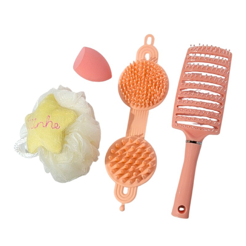 SET DE CUIDADO PERSONAL, ESPONJA MAQUILLAJE, ESPONJA DE BAÑO Y CEPILLO DE PELO SWEET BEAUTY
