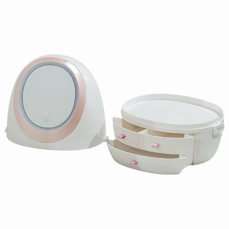 ORGANIZADOR ESTANTE DE COSMETICOS, MAQUILLAJE CON 4 COMPARTIMIENTOS, ESPEJO CON LUZ LED DE 3 MODOS DE INTENSIDAD COLOR BLANCO