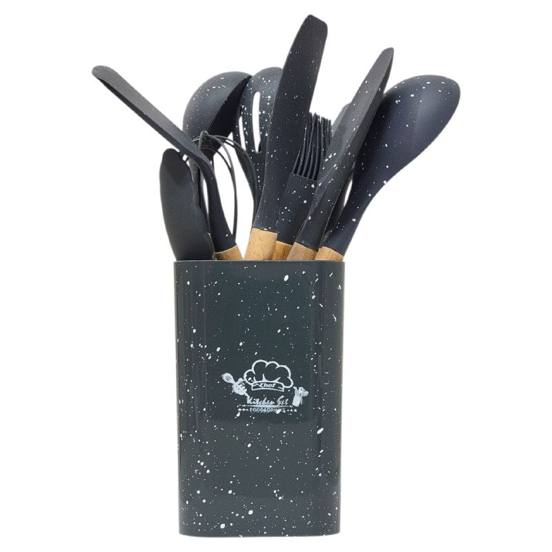 JUEGO DE UTENSILIOS DE COCINA DE SILICONA CON SOPORTE PLASTICO DE 12 PIEZAS, DISEÑADO PARA SOPORTAR TEMPERATURAS DE 30 A 130 GRADOS, SILICONA FLEXIBLE Y SUAVE, 5 COLORES KITCHEN & DINNING