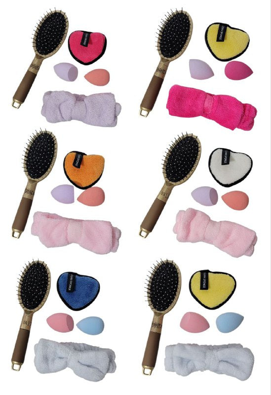 KIT DE CUIDADO FACIAL Y DE CABELLO, CEPILLO DESENREDANTE, ESPONJA MAQUILLAJE, ESPONJA LAVADO FACIAL, VINCHA ELASTICA SWEET BEAUTY, 6 COLORES