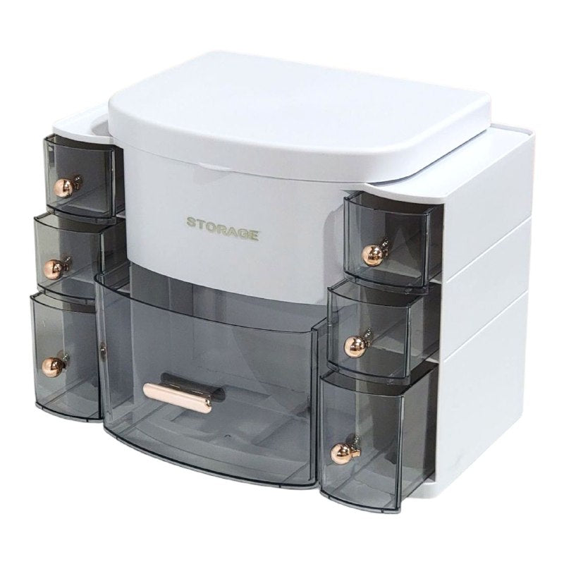 ORGANIZADOR ESTANTE DE COSMETICOS, MAQUILLAJE CON 8 COMPARTIMIENTOS, ESPEJO CON LUZ LED 3 MODOS DE INTENSIDAD, COLOR BLANCO STORAGE