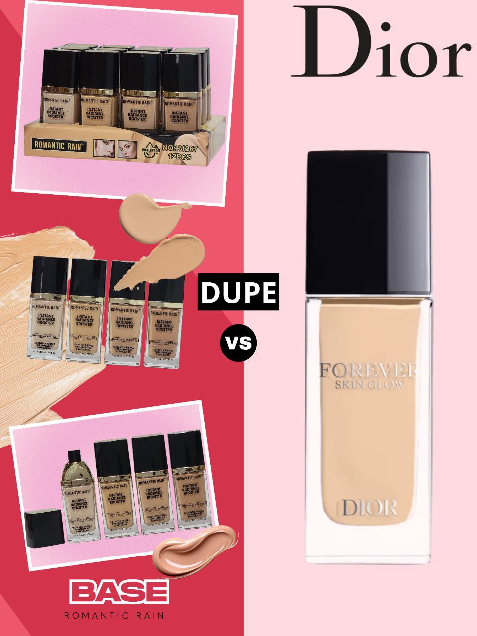 BASE LIQUIDA, DUPE DIOR REFUERZO DE LUMINOSIDAD INSTANTANEO IMPERMEABLE 4 TONOS