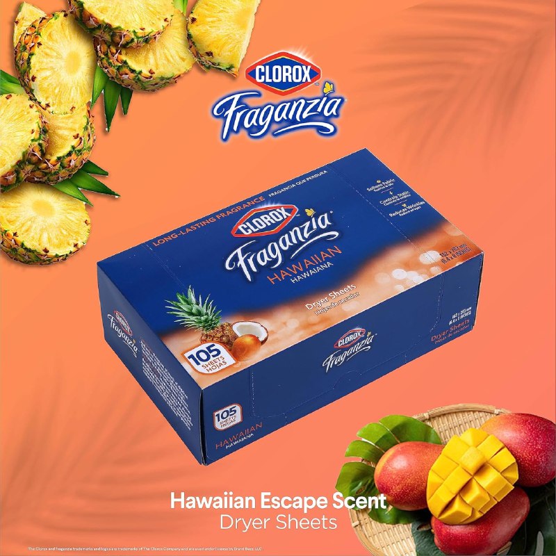 DETERGENTE TOALLIAS HOJAS PARA SECADORA, CONTROLA LA ESTATICA, OLOR HAWAIANA CLOROX 105UND