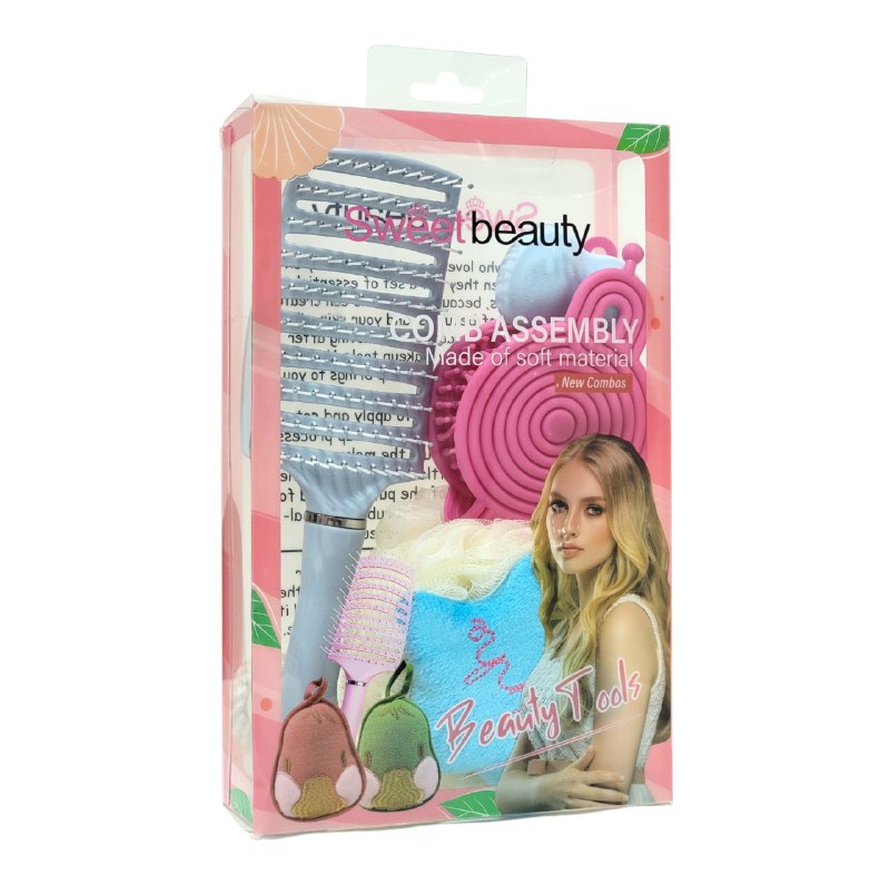 SET DE CUIDADO PERSONAL, ESPONJA MAQUILLAJE, ESPONJA DE BAÑO Y CEPILLO DE PELO SWEET BEAUTY
