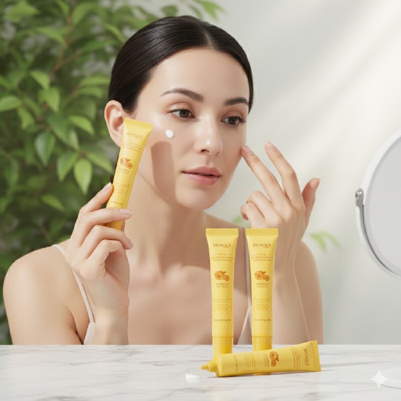 CREMA FACIAL PARA OJOS DE CURCUMA ANTIOXIDANTE 20G, CALMA EL AREA DEL CONTORNO DE OJOS, FORMULA NUTRITIVA Y SUAVIZANTE, DEJANDO LA PIEL RADIANTE, JUVENIL Y SUAVE BIOAQUA