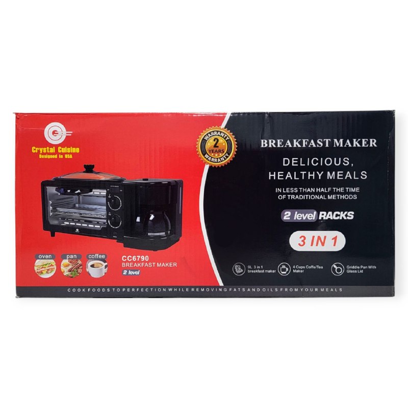 MAQUINA DE DESAYUNO 3 EN 1, COMIDA DELICIOSA EN LA MITAD DE TIEMPO, 2 NIVELES, CAFETERA 4 TAZAS, CACEROLA CRYSTAL CUISINE