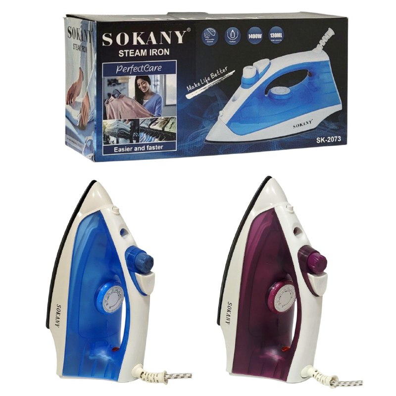 MAQUINA PLANCHA DE ROPA, PLANCHA DE VAPOR FUNCION DE SECADO, VAPOR Y ROCIADO, BOTON DE PULVERIZACION, CONTROL DE TEMPERATURA, TANQUE DE 130ML, 1400W CABLE GIRATORIO, LUZ INDICADORA SOKANY SK-2073