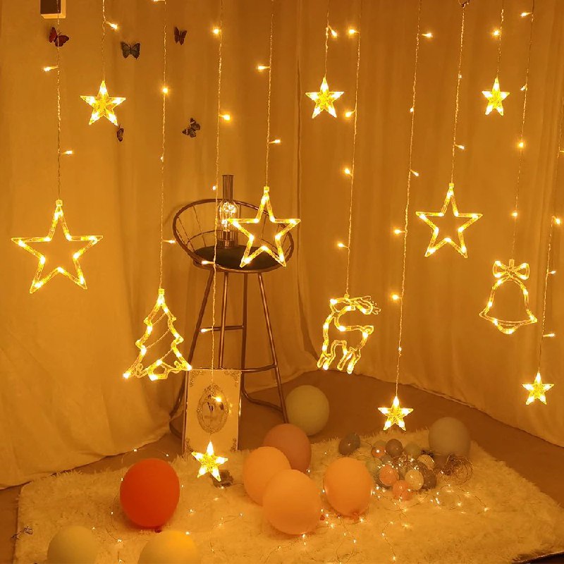 LUCES DECORATIVAS NAVIDEÑAS CORTINA DE LUCES LED FORMA DE ESTRELLA, RENO, ARBOL Y CAMPANA DECORACION PARA EL HOGAR  9 MODOS DE CAMBIO DE LUZ, 20X9.5X20CM LED CHRISTMAS LIGHTS