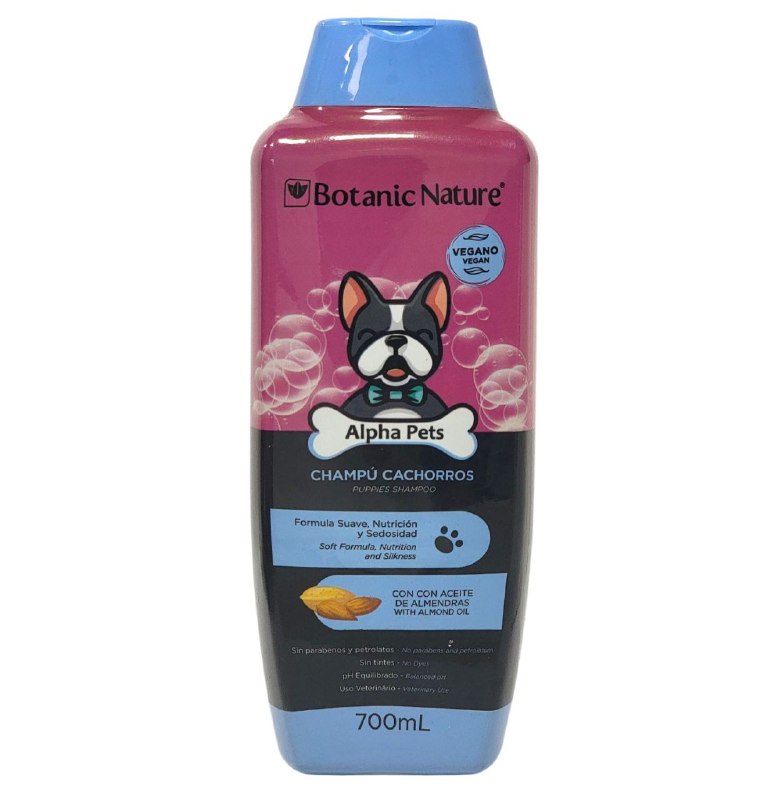 SHAMPOO PARA PERROS, MASCOTAS FORMULA SUAVE, NUTRICION Y SEDOSIDAD CON ACEITE DE ALMENDRAS BOTANIC NATURE ALPHA PETS 700ML
