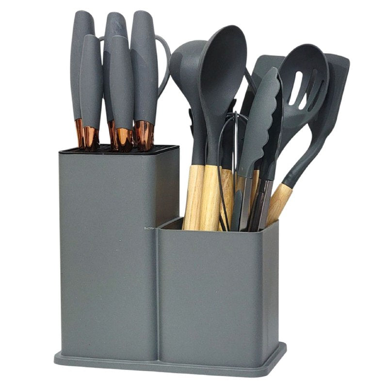 JUEGO DE CUCHILLOS DE COCINA, UTENSILIOS DE COCINA, CUCHARAS DE 18 PIEZAS, DE SILICONA CON SOPORTE DE PLASTICO, AGARRE COMODO, LIGUERO Y PRACTICO, AFILADO Y DURADERO 3 COLORES KITCHENWARE