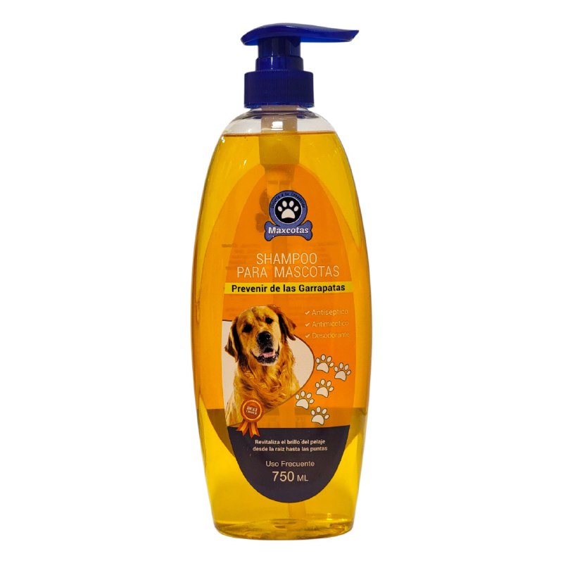 SHAMPOO PARA PERROS, MASCOTAS QUE PREVIENE LAS GARRAPATAS, ANTISEPTICO, ANTIMICOTICO, DESODORANTE, REVITALIZA EL BRILLO CON ACEITE VEGETAL MAXCOTAS 750ML