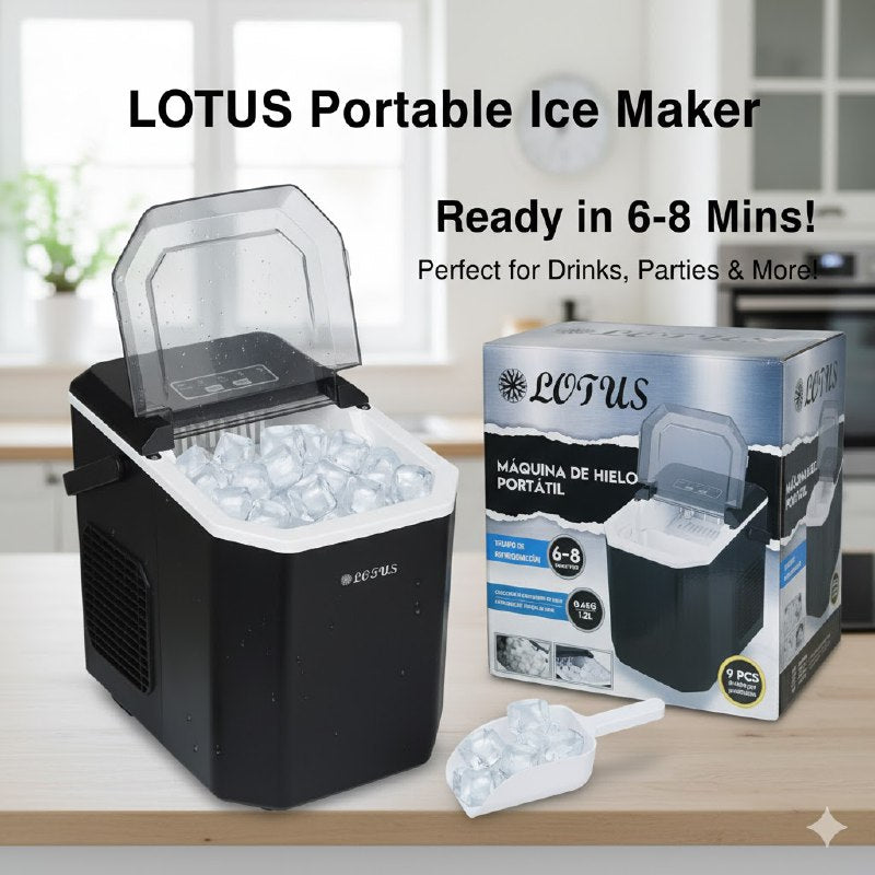 MAQUINA DE HIELO PORTATIL, PRODUCE 26LBS DE HIELO, DEPOSITO DE AGUA DE 1.2L EN 6-8MIN LOTUS