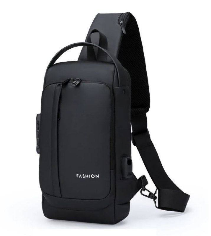 MOCHILA ECONOMICA CRUZADA IMPERMEABLE PARA HOMBRES CON PUERTO USB Y SISTEMA ANTIRROBO CLAVE