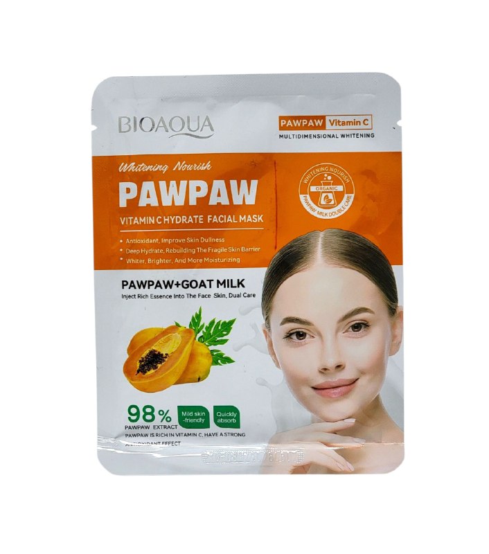 MASCARILLA FACIAL HIDRATANTE DE VITAMINA C Y PAPAYA 25G, ABSORBE PROFUNDAMENTE LA PIEL, SUAVIZA, ILUMINA Y MEJORA LA TEXTURA DE LA PIEL DEJANDOLA SUAVE Y ELASTICA BIOAQUA