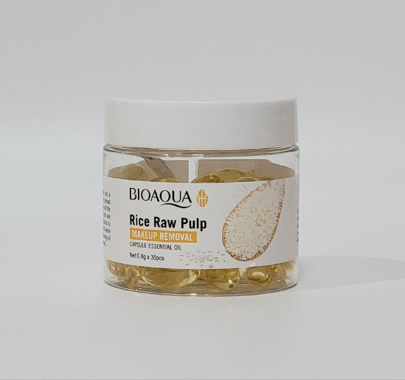 ACEITE FACIAL ESENCIAL EN CAPSULAS DESMAQUILLANTES DE PULPA CRUDA DE ARROZ, ELIMINA IMPUREZAS EN LA PIEL BIOAQUA 8GX35UND