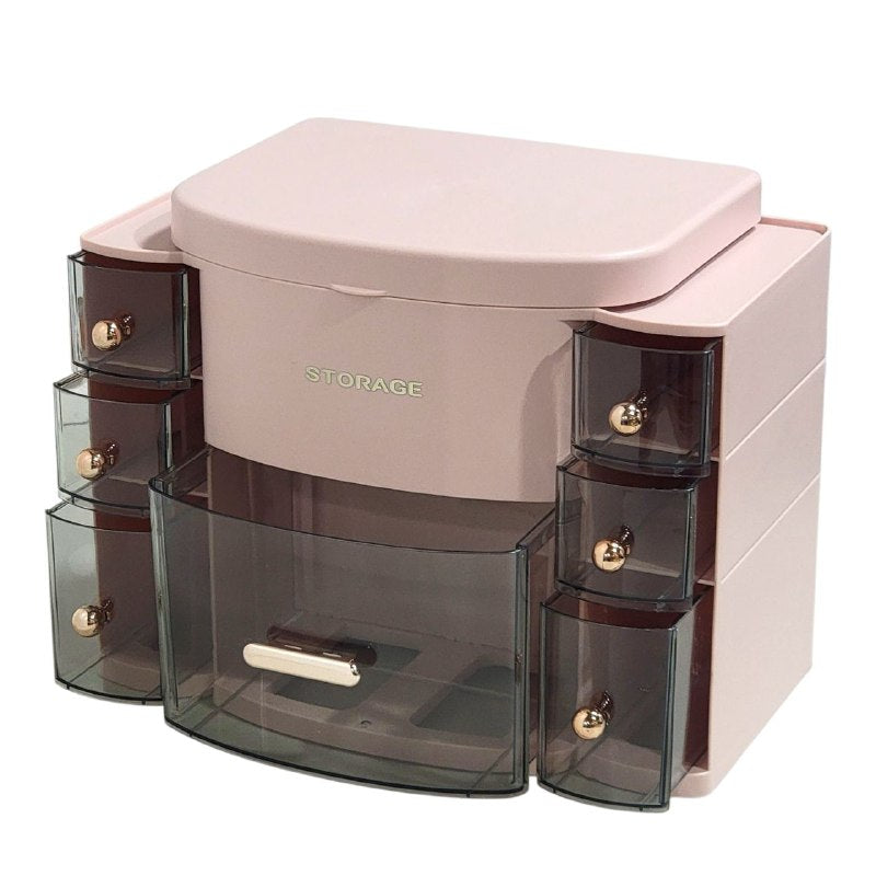 ORGANIZADOR ESTANTE DE COSMETICOS, MAQUILLAJE CON 8 COMPARTIMIENTOS, ESPEJO CON LUZ LED 3 MODOS DE INTENSIDAD, COLOR ROSADO STORAGE