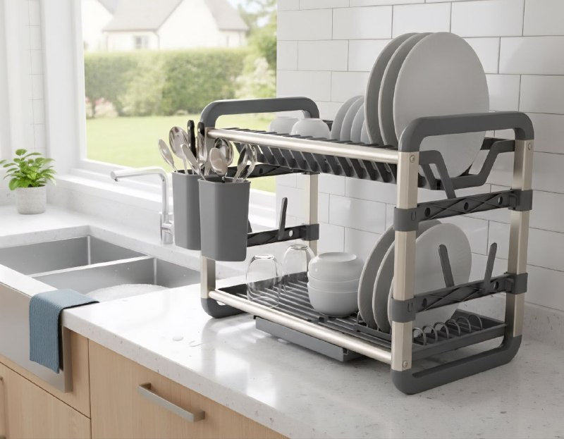 ESTANTE ORGANIZADOR Y ESCURRIDOR DE COCINA DE 2 NIVELES CON BANDEJAS DE DRENAJE EXTRAIBLES 60.9X26.7X34.2CM DISH RACK