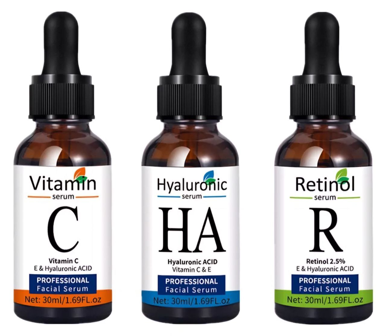 SUERO FACIAL EN SET, BLANQUEAMIENTO, HIDRATANTE Y ANTIARRUGAS, SUERO CON VITAMIAN C 30ML, SUERO CON ACIDO HIALURONICO 30ML, SUERO CON RETINOL 30ML FACE SERUM