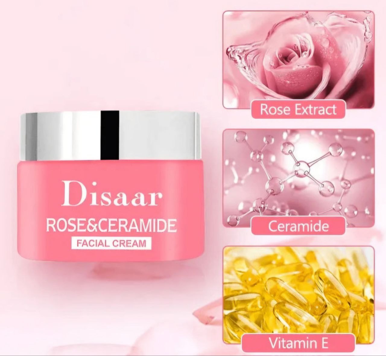 CREMA FACIAL DE CERAMIDA Y ESENCIA DE ROSA, CALMANTE, REPARADORA Y ILUMINADORA, NUTRICION PROFUNDA ANTIENVEJECIMIENTO DISAAR BEAUTY SKINCARE ROSE CERAMIDE 50G