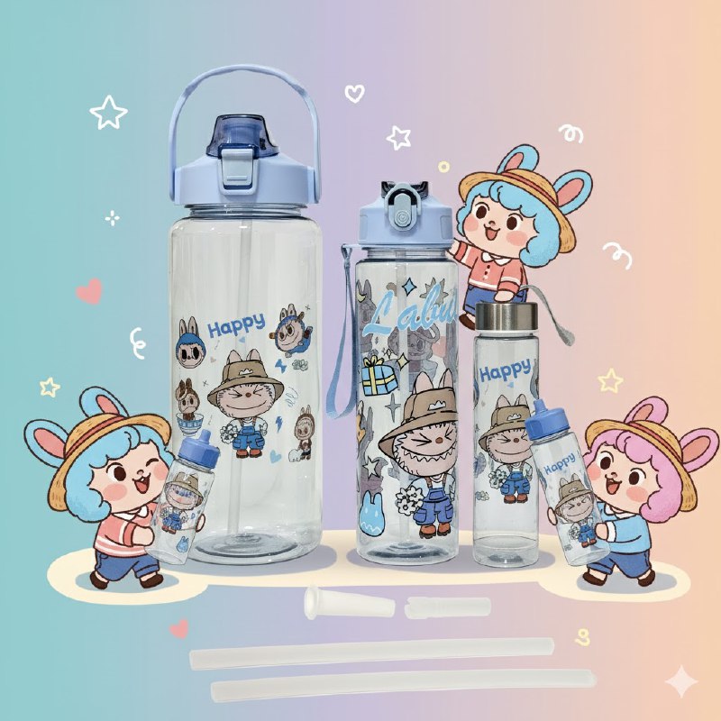 BOTES DE AGUA EN SET DE 3 PIEZAS DE LABUBU, 4 COLORES