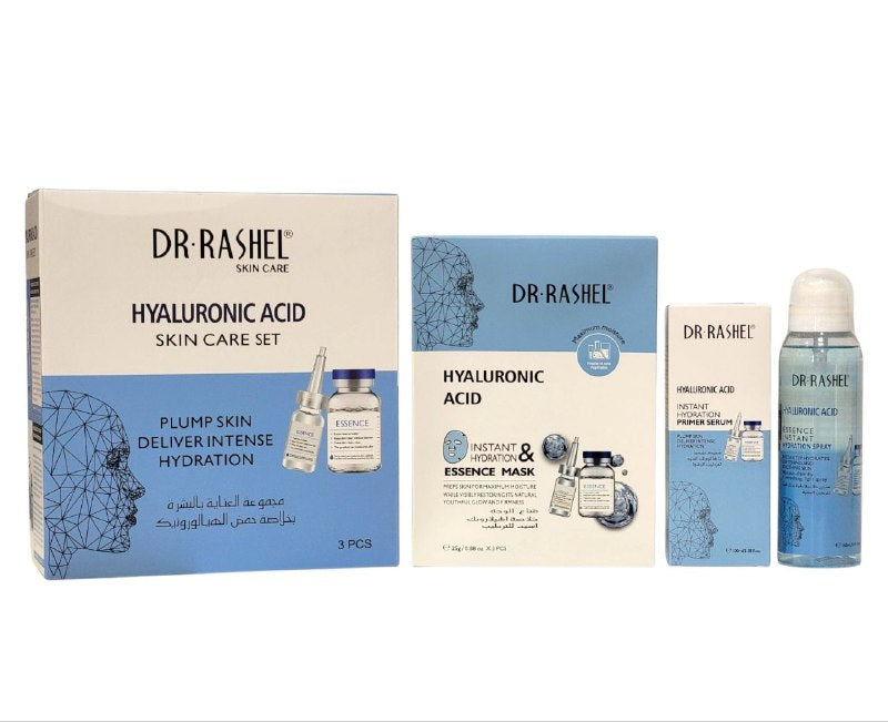 SET DE CUIDADO FACIAL DE 3 PIEZAS DE ACIDO HIALURONICO, HIDRATACION INTENSA, ESENCIA EN SPRAY HIDRATANTE 160ML, SUERO 100ML, MASCARILLA 88OZX5 DR RASHEL SKIN CARE