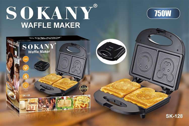 MAQUINA WAFFLERA SANDWICHERA DISEÑO CARITAS SK-128, 750W SOKANY