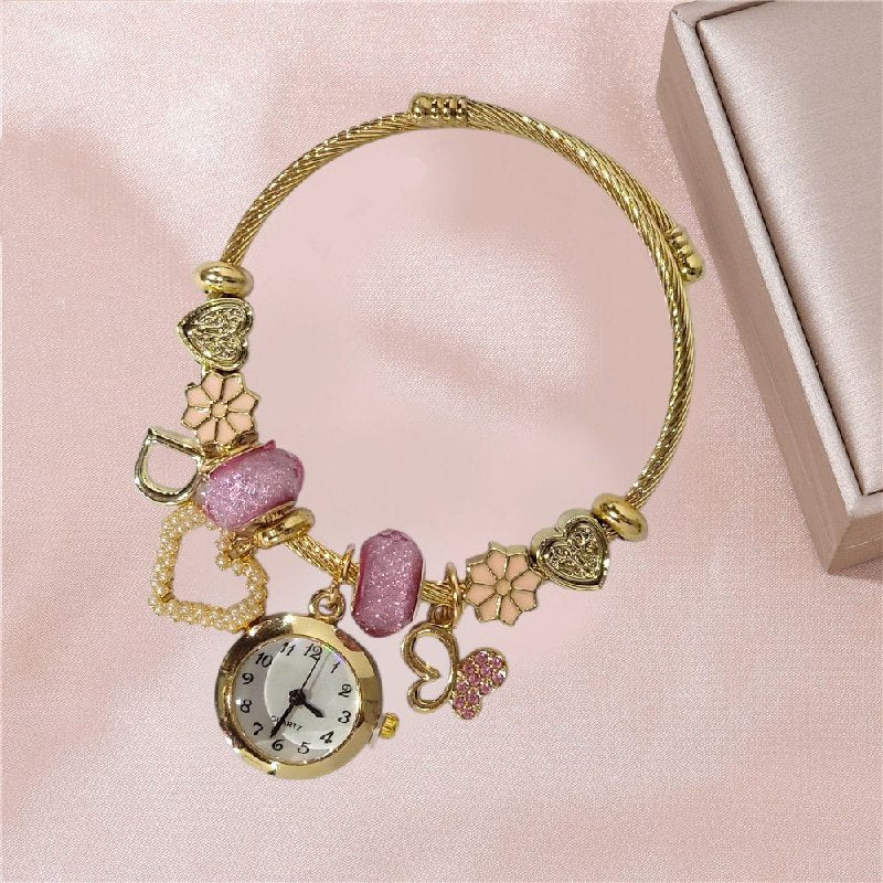 RELOJ ECONOMICO ESTILO PANDORA PARA DAMA DE ACERO CON BAÑO DE ENCHAPE