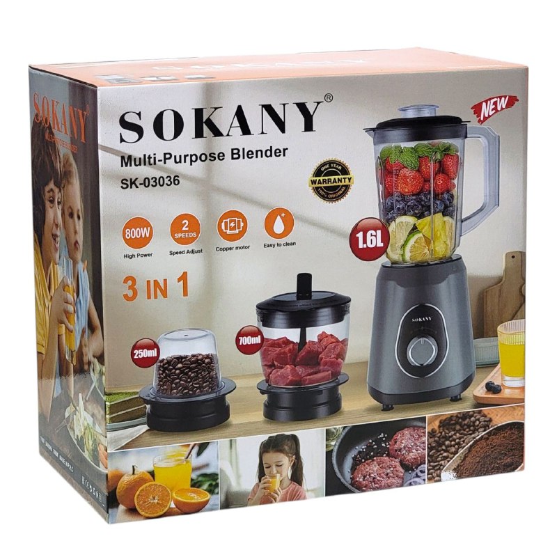 MAQUINA LICUADORA MULTIUSOS 3 EN 1, SK-03036, CUCHILLA DE ACERO INOXIDABLE, DISPOSITIVO DE SEGURIDAD, 800W, 2 VELOCIDADES SOKANY