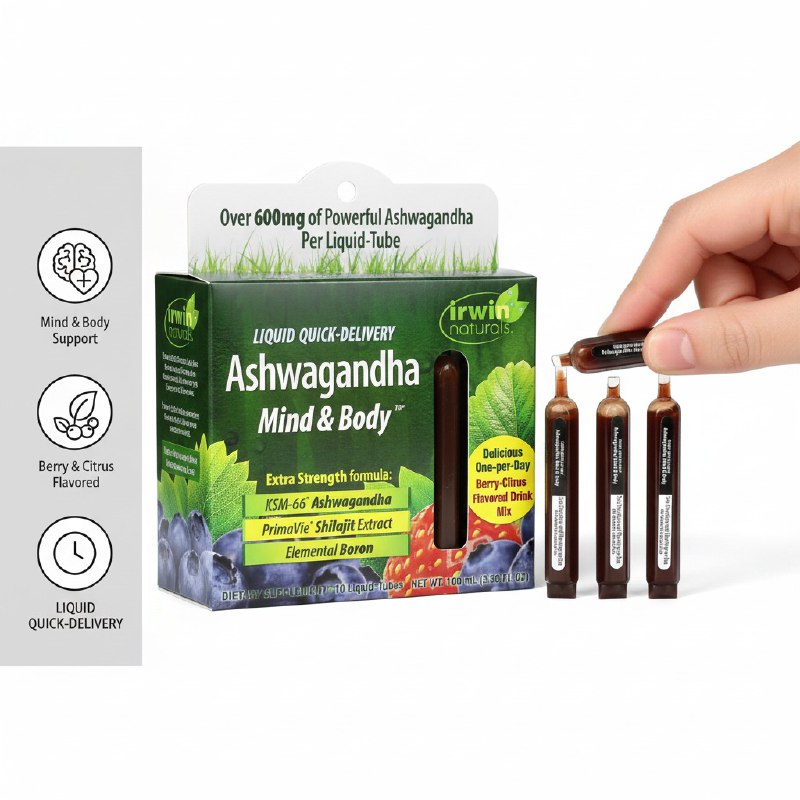 VITAMINAS BEBIBLES DE ASWAGANDHA SABOR A BAYA CITRICO UNA AL DIA PARA EL ESTRES Y LA ANSIEDAD CON CORTISOL IRWIN 100MLX10UND