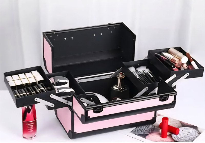 ESTUCHE ORGANIZADOR PROFESIONAL DE MAQUILLAJE, COSMETIQUERA PORTATIL DE 4 BANDEJAS PLEGABLES, 4 COLORES 32X21X26CM