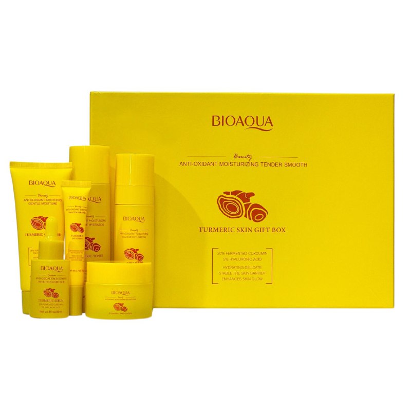 SET DE CUIDADO FACIAL DE CURCUMA DE 6 PIEZAS, EFECTO ANTIOXIDANTE, HIDRATANTE Y TIERNA EN LA PIEL BIOAQUA TURMERIC