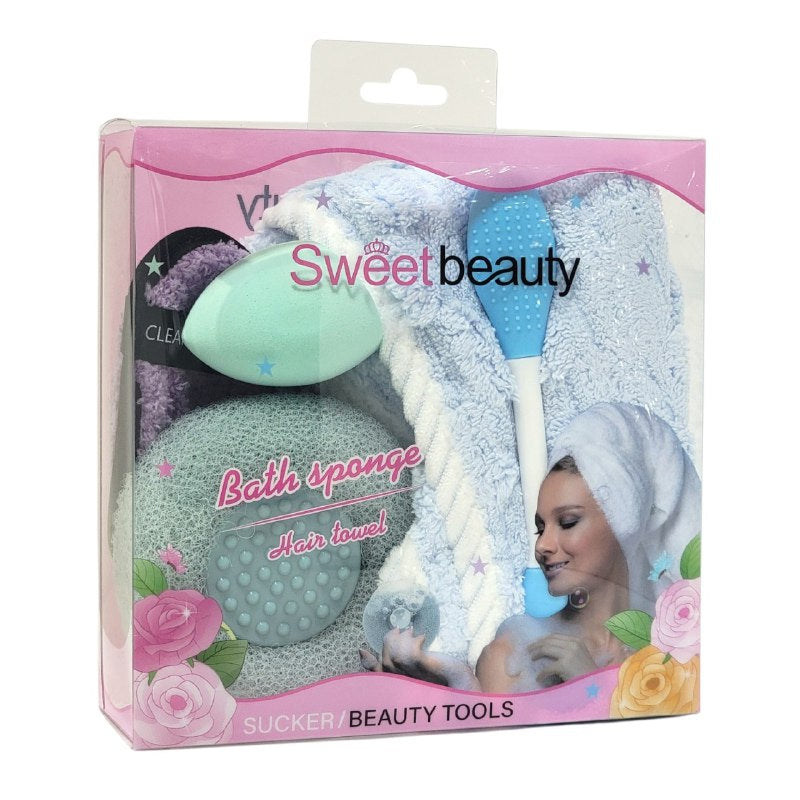 KIT DE CUIDADO FACIAL, TOALLA PARA EL PELO, ESPONJA DE MAQUILLAJE, CEPILLO DE SILICONA FACIAL, ALMOHADILLA DESMAQUILLANTE, ESPONJA EXFOLIANTE SWEET BEAUTY, 5 COLORES