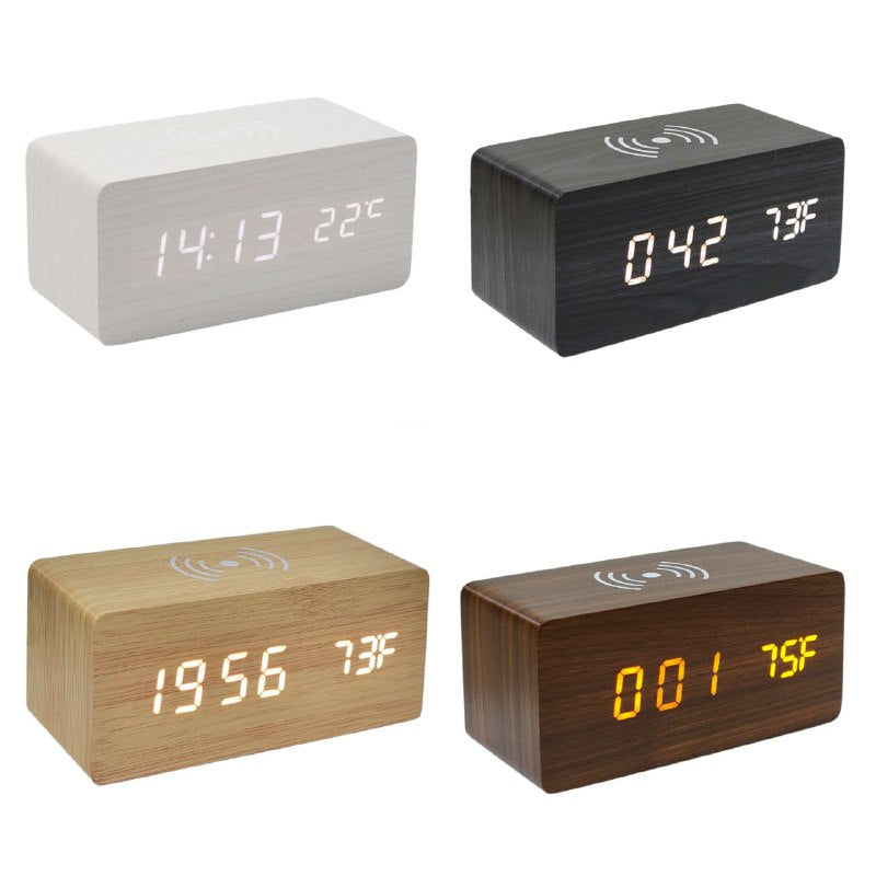 RELOJ DESPERTADOR DIGITAL TIPO MADERA CON FUNCION DE CARA INALAMBRICA Y TEMPERATURA USB, 4 ESTILOS