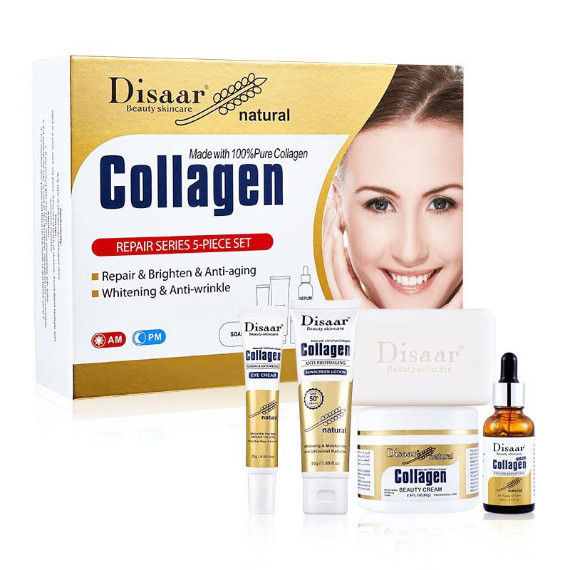 SET DE CUIDADO FACIAL DE COLAGENO DISAAR,JABON 100G,SUERO FACIAL 30ML,CREMA FACIAL PARA OJOS 25G,CREMA FACIAL DE BELLEZA 80G,PROTECTOR SOLAR 50G