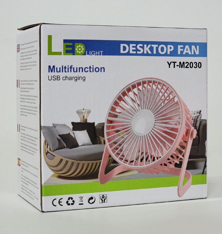 VENTILADOR DE MESA CON LUZ LED, BATERIA RECARGABLE USB COLOR GRIS DESKTOP FAN YT-M2030