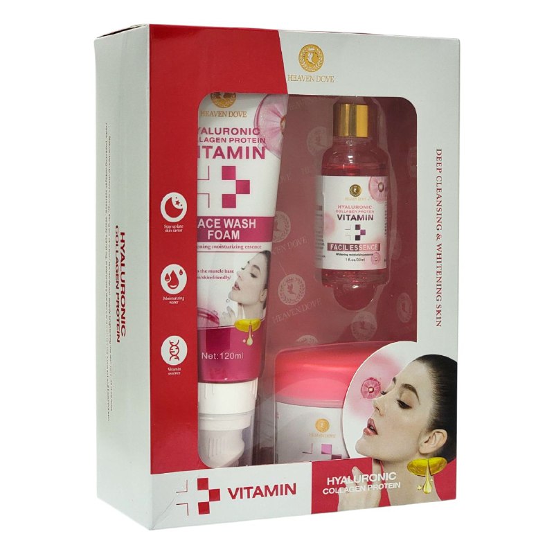 SET DE CUIDADO FACIAL DE 3 PIEZAS DE VITAMINA, COLAGENO Y ACIDO HIALURONICO, LIMPIEZA PROFUNDA Y BLANQUEA LA PIEL, HIDRATA Y HUMECTA, ESPUMA FACIAL 120G, SUERO FACIAL 30ML, CREMA BLANQUEADORA 120G HEAVEN DOVE