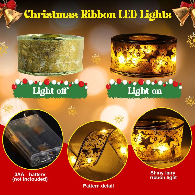 LUCES DECORATIVAS NAVIDEÑAS CINTA CON LUZ LED BRILLANTE DECORACION PARA ARBOL DE NAVIDAD, INTERIOR O EXTERIOR COLOR DORADO DE BATERIAS, 5 METROS