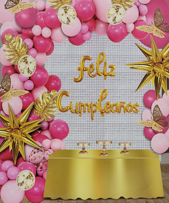 DECORACION PARA CUMPLEAÑOS EN SET COMPLETO, MANTEL METALICO, 2 CORTINAS, 105 GLOBOS