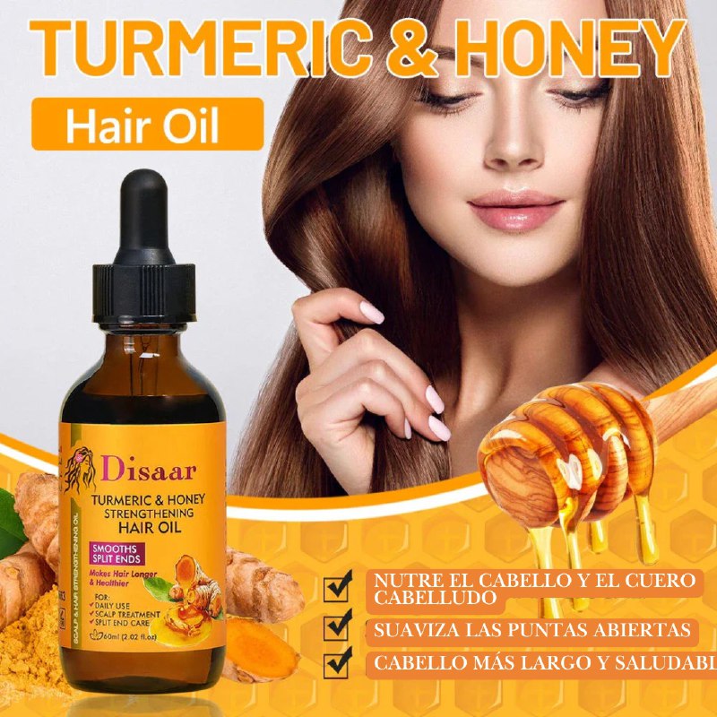 ACEITE PARA EL CABELLO FORTALECEDOR DE CURCUMA Y MIEL, HIDRATA Y ACLARA EL COLOR DEL CABELLO, REPARA EL CABELLO DAÑADO, DEJA SANO SUAVE Y BRILLANTE DISAAR TURMERIC & HONEY STRENGTHENING HAIR OIL 60ML