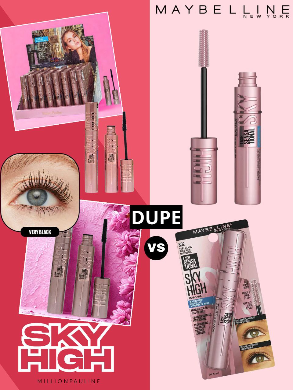 MASCARA PARA PESTAÑAS RIMEL DUPE MAYBELLINE SKY HIGH ALARGAMIENTO SIN LIMITES, VOLUMEN COMPLETO, APRUEBA DE AGUA MILLION PAULINE 6ML (DUPE MAYBELLINE NEW YORK SKY HIGH)