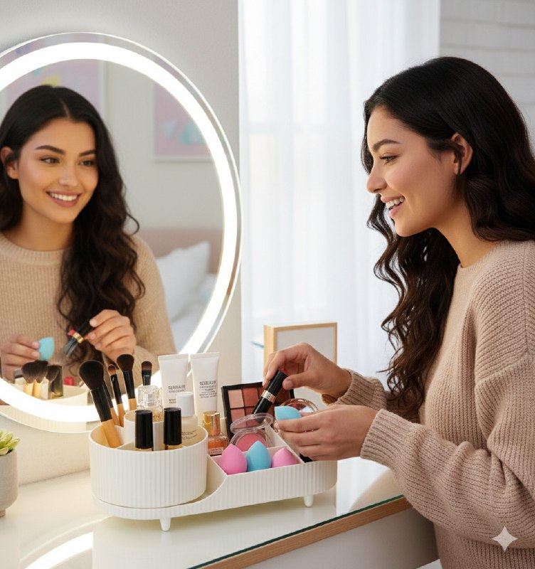 ORGANIZADOR DE MAQUILLAJE Y COSMETICOS DE ACRILICO CON BASE GIRATORIA 15X36CM, 4 ESTILOS