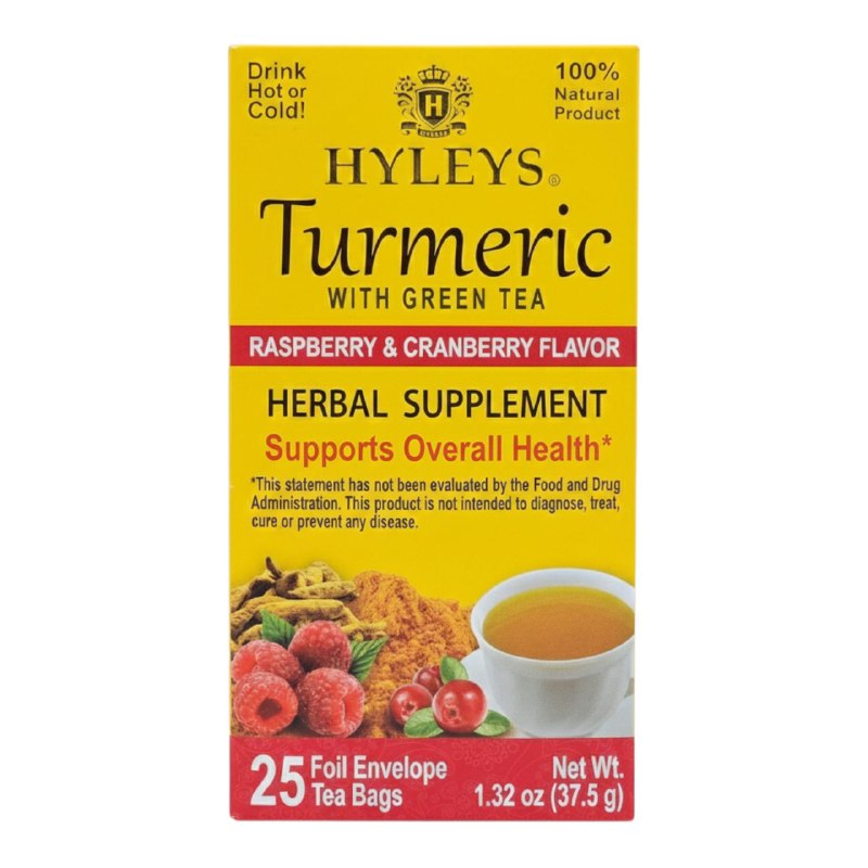 TE HERBAL DE CURCUMA Y TE VERDE, SABOR A FRAMBUESA Y ARANDANO PARA EL BIENESTAR GENERAL HYLEYS 25UND